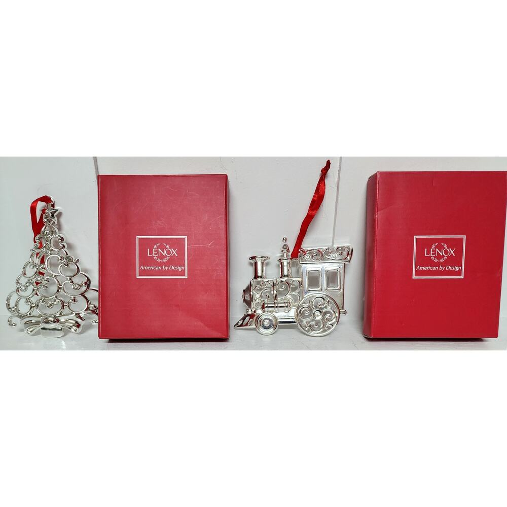 Lenox Silverplate Crystal Tree & Train Ornaments w/ Boxes – Vintage Holiday Set